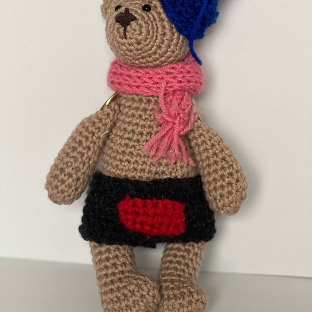 Hand Crafted Crochet Bear with Blue Hat and Pink Scarf